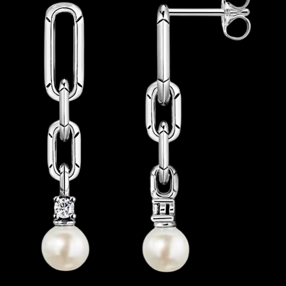 Sterling Silver & Pearl Chain Drop Earrings 3.22 grams
